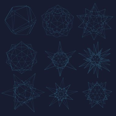 Koyu mavi bir arkaplanda farklı şekillerin geometrik şekilleri ile ayarlanmış. Mavi çizgilerden geometrik şekiller. Projeleriniz için çokgen şekiller. Üç boyutlu. Vektör illüstrasyonu.