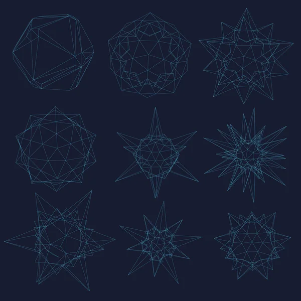 Σετ Wireframe Γεωμετρικών Σχημάτων Διαφορετικών Σχημάτων Σκούρο Μπλε Φόντο Γεωμετρικά — Διανυσματικό Αρχείο