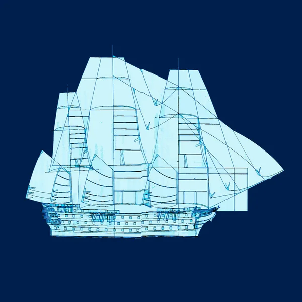 航行的船 蓝色背景的老式帆船 水彩画矢量说明 — 图库矢量图片