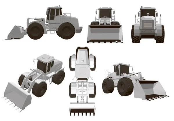 Set Bulldozer Polygonal Bulldozers Different Angles Isometric View Top Side — Stock Vector