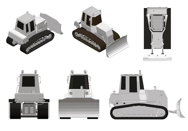 Set Met Een Bulldozer Veelhoekige Bulldozers Onder Verschillende Hoeken Isometrische — Stockvector