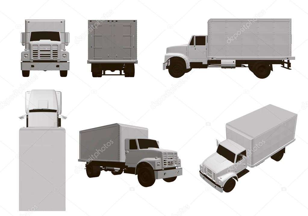 Set with trucks. 6 white truck models from different angles. 3D Vector illustration.
