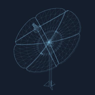 Kablo çerçeve uydu antenli 3D vektör. Koyu arkaplanda mavi çizgilerin çokgen uydu anteni. İzole uydu anteni. Vektör illüstrasyonu.