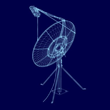 Kablo çerçeve uydu antenli 3D vektör. Koyu arkaplanda mavi çizgilerin çokgen uydu anteni. İzole uydu anteni. Vektör illüstrasyonu.