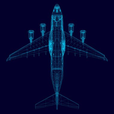 Mavi çizgiler uçak tel kafes. Poligonal uçak. Yukarıdan görüntüleyin. 3D. vektör çizim.