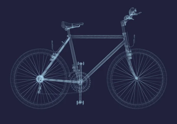 自転車のワイヤーフレーム 暗い背景に自転車フレームの詳細なモデル 自転車は青い線でできている 3Dだ サイドビュー ベクターイラスト — ストックベクタ