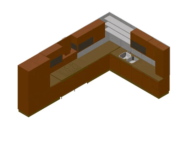 キッチン等角 白い背景にオレンジのアイソメトリックキッチン 隔離されてる 3Dだ ベクターイラスト — ストックベクタ