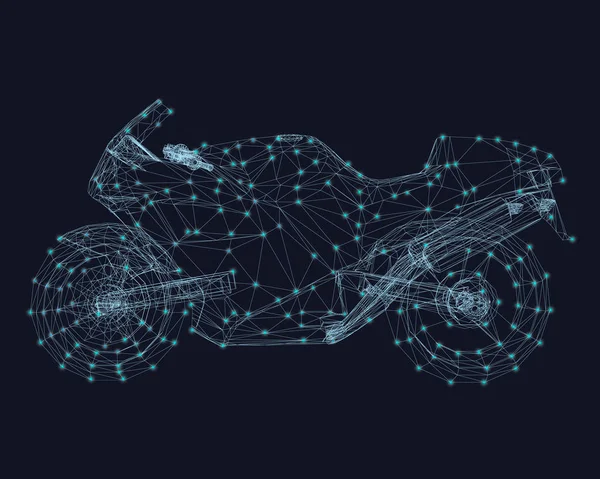 ポリゴンワイヤーフレームバイク 暗い背景に青い線のオートバイ 光るライトとオートバイのフレーム 3Dだ ベクターイラスト — ストックベクタ