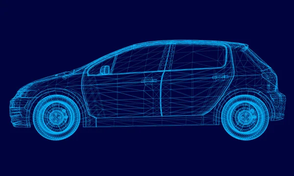 Polygonal machine of blue lines on a dark background. Car wireframe. Side view. 3D. Vector illustration — Stock Vector