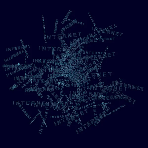 Słowa internet w sterty. Model szkieletowy słowa Internet z niebieskimi liniami na ciemnym tle. Ilustracja wektorowa — Wektor stockowy