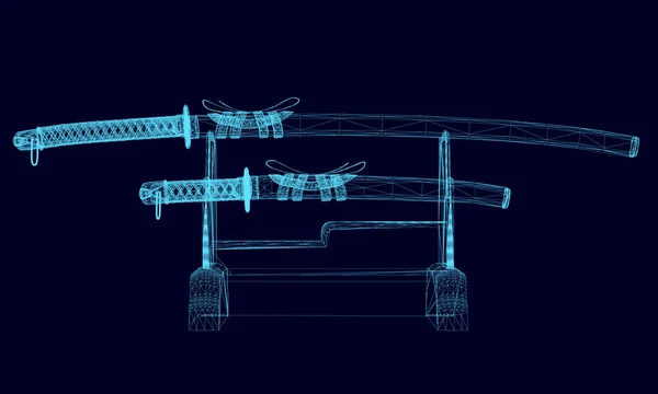 Ilustração vetorial de uma katana em um estande. Wireframe katanas em um fundo escuro. Ilustração vetorial 3D — Vetor de Stock