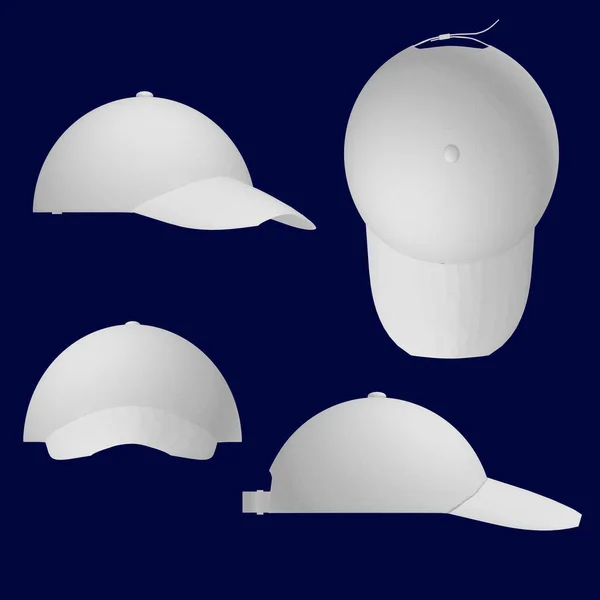 Set con gorras blancas de verano con picos. Vista lateral, frontal, superior, isométrica. 3D . — Vector de stock