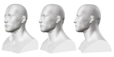 Beyaz arka plan üzerinde mankenler izole erkek büstleri vektör kümesi. 3D. erkek büstü farklı yönden. Vektör çizim
