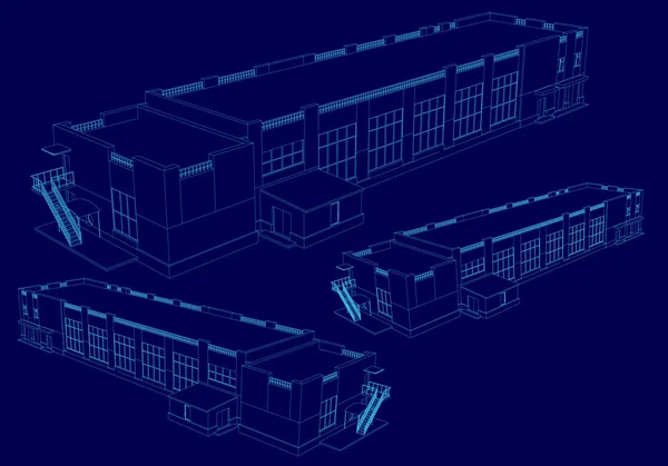 Wireframe del edificio en isométrico. 3D. Edificio con diferentes tipos. Ilustración vectorial — Archivo Imágenes Vectoriales