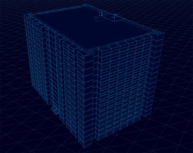 Tel kafes çok katlı bina karanlık bir arka plan üzerinde mavi çizgiler. 3D. vektör çizim