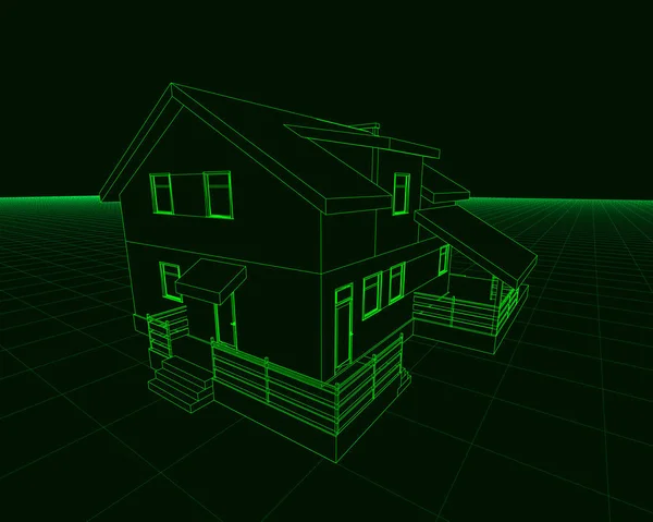 Wireframe da casa de campo de linhas verdes em um fundo escuro. 3D. Ilustração vetorial — Vetor de Stock