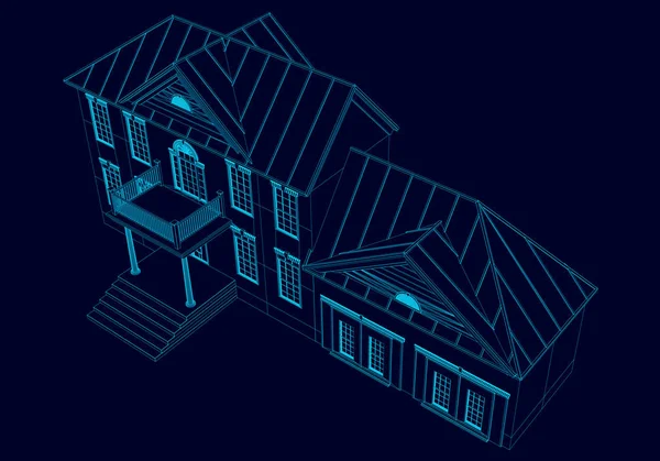 Wireframe av huset av de blå linjerna på en mörk bakgrund. 3D vektorillustration — Stock vektor