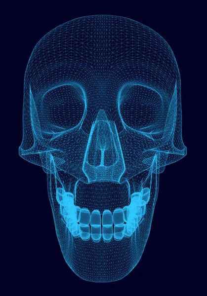 Wireframe van een realistische menselijke schedel met tanden van blauwe lijnen op een donkere achtergrond. Veelhoekige menselijke schedel. 3D. vector illustratie — Stockvector