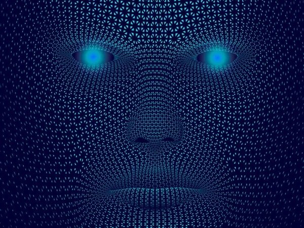 Rosto abstrato de um homem constituído por pequenos fragmentos com olhos luminosos sobre um fundo escuro. Ilustração vetorial —  Vetores de Stock