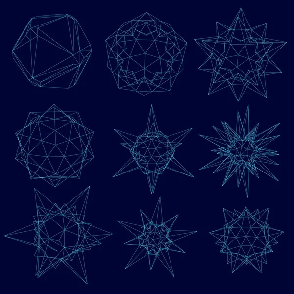 Set med en trådmodell av geometriska former i olika former från blå linjer på en mörk bakgrund. Vektorillustration — Stock vektor