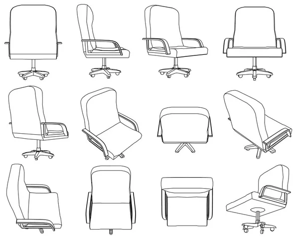 Conjunto com contornos de cadeiras de escritório. Cadeira de escritório com diferentes tipos de linhas pretas. Ilustração vetorial —  Vetores de Stock