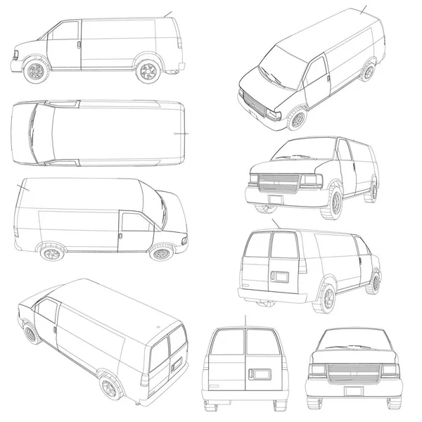 Con los contornos de la furgoneta. Vans con diferentes tipos de líneas negras. Ilustración vectorial — Vector de stock