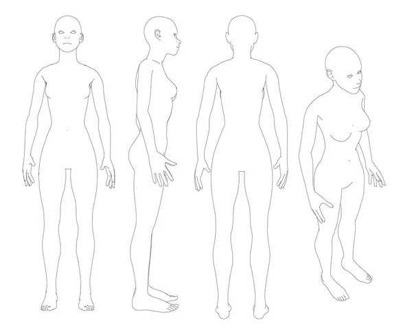 Set con contornos de la chica desnuda. Chica con diferentes tipos de líneas negras. Vista frontal, trasera, lateral e isométrica. Ilustración vectorial — Vector de stock