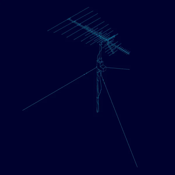 Antenna wireframe di linee blu su sfondo scuro. Antenna contorno dettagliato. Antenna di comunicazione isolata su sfondo scuro. Illustrazione vettoriale — Vettoriale Stock