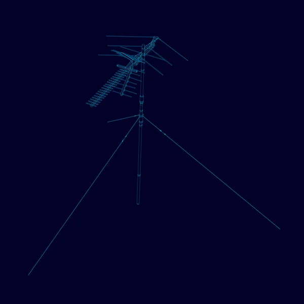 Antenne draadframe van blauwe lijnen op een donkere achtergrond. Contour gedetailleerde antenne. Communicatie antenne geïsoleerd op een donkere achtergrond. Vectorillustratie — Stockvector