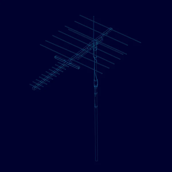 Antenne draadframe van blauwe lijnen op een donkere achtergrond. Contour gedetailleerde antenne. Communicatie antenne geïsoleerd op een donkere achtergrond. Vectorillustratie — Stockvector