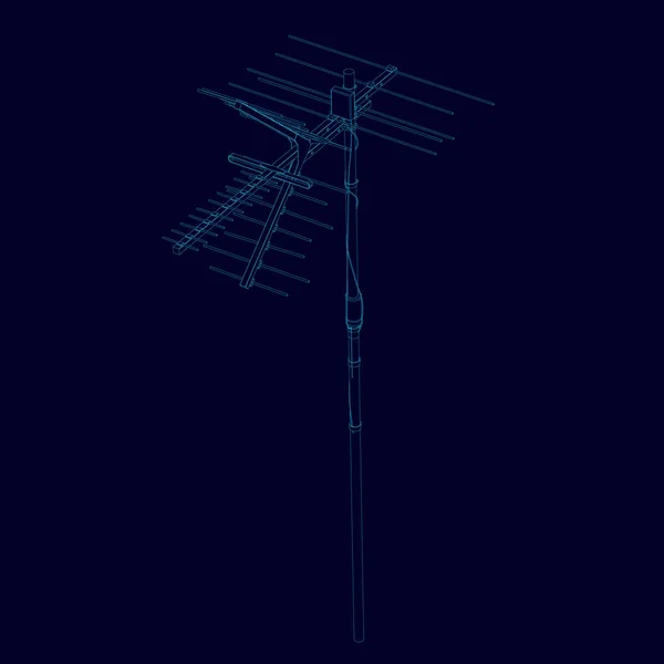 Wireframe antena de linhas azuis em um fundo escuro. Contour antena detalhada. Antena de comunicação isolada num fundo escuro. Ilustração vetorial —  Vetores de Stock