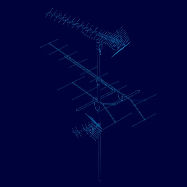 Antena marco de cables de líneas azules sobre un fondo oscuro. Antena detallada del contorno. Antena de comunicación aislada sobre un fondo oscuro. Ilustración vectorial — Vector de stock