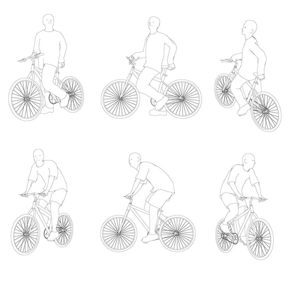 別の位置で自転車の人の輪郭を設定します。男の輪郭は、座っているし、自転車に乗る。ベクトル図 — ストックベクタ