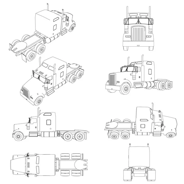 Olmadan bir römork kamyon kıvrımlarına ile farklı pozisyonlarda ayarlayın. Kamyon ön, yan, arka görüş, izometrik kontur. Vektör çizim — Stok Vektör