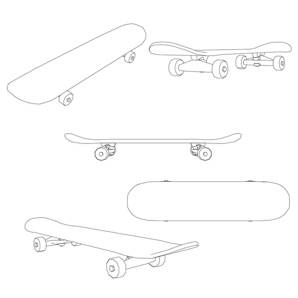 Set med skateboard konturer i olika positioner. Contour skateboard ovanifrån, sidoutsikt, isometrisk. Vektorillustration — Stock vektor