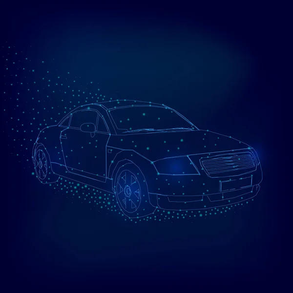 Wireframe автомобиля от синих линий на темном фоне. Контур автомобиля с светящимися огнями. 3D. Векторная иллюстрация — стоковый вектор