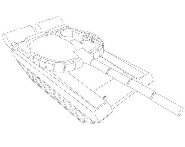 Esquema del tanque de batalla de líneas negras sobre un fondo blanco. Vista isométrica. Ilustración vectorial — Vector de stock