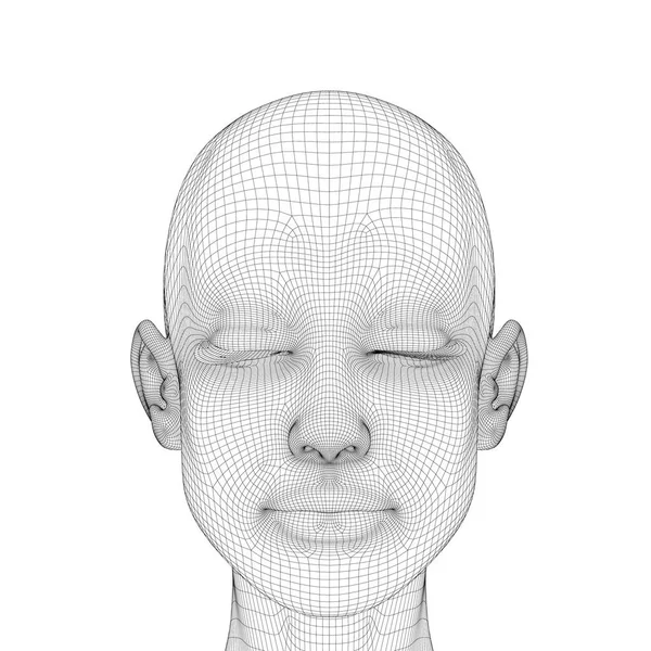 Wireframe da cabeça de uma menina com uma expressão facial calma e olhos fechados. Cabeça de menina poligonal isolada no fundo branco. 3D. Ilustração vetorial — Vetor de Stock