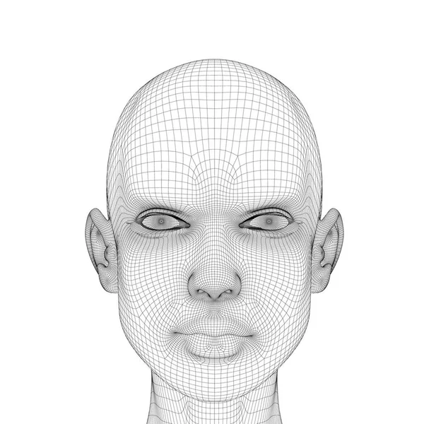 Ragazze wireframe testa con una grave espressione facciale. Testa di ragazza poligonale isolata su sfondo bianco. 3D. Illustrazione vettoriale — Vettoriale Stock