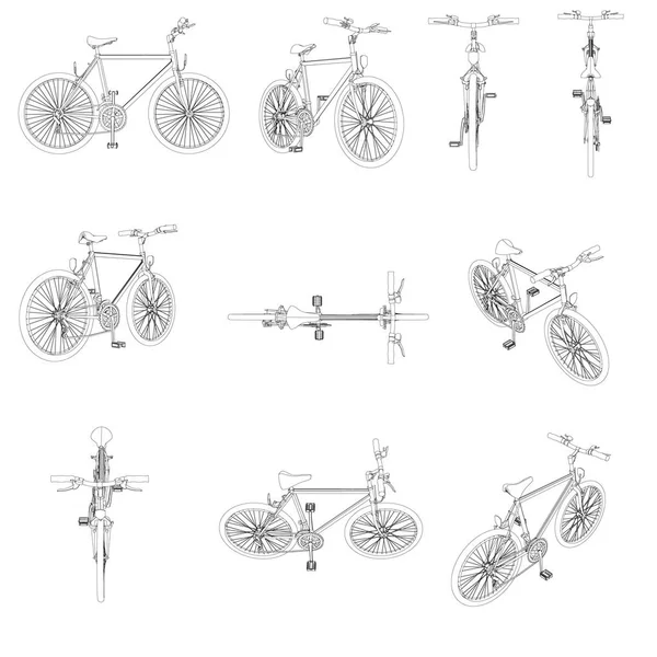 Conjunto com contornos detalhados de bicicletas. Frente, superior, isométrica, traseira, vista lateral. Ilustração vetorial —  Vetores de Stock