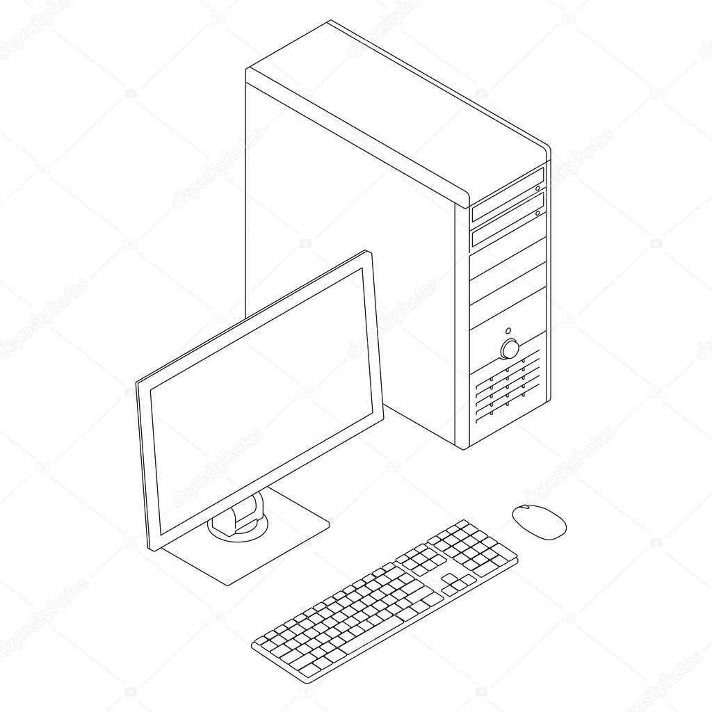 Outline of the computer with a monitor, keyboard and mouse. Isometric view. Vector illustration