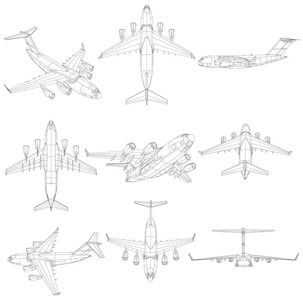 Set con contornos de la aeronave. Los contornos de la aeronave desde diferentes puntos de vista. 3D. Ilustración vectorial — Vector de stock