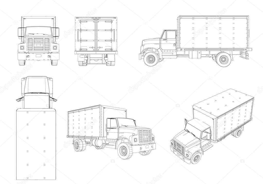 Set with the contours of the truck. The contours of the truck from different points of view. 3D. Vector illustration