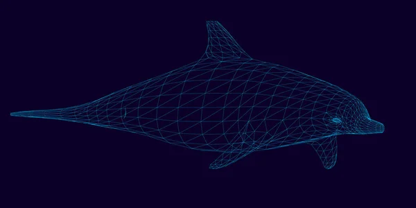 Wireframe av polygona dolphin blå linjer på en mörk bakgrund. 3D. sidovy. Vektorillustration — Stock vektor