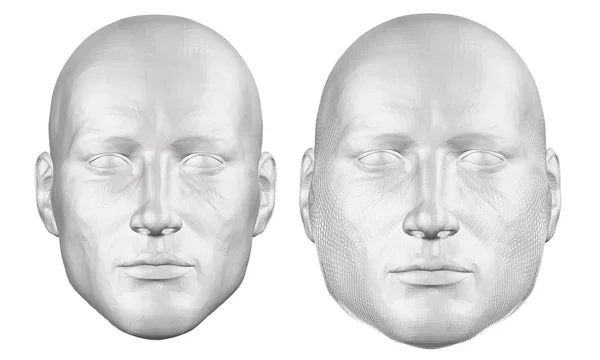 Conjunto com uma cabeça de homem poligonal. A cabeça de um homem gordo e esbelto. A cabeça de um homem gordo invade fragmentos, explosões. 3D. Ilustração vetorial —  Vetores de Stock