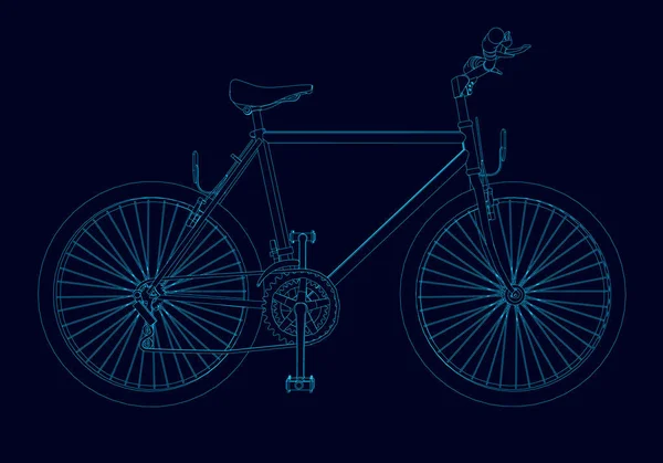 어두운 배경에 파란색 라인의 컨투어 자세한 자전거. 사이드 뷰입니다. 벡터 일러스트 레이 션 — 스톡 벡터