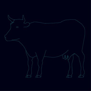 Kontur koyu arka plan üzerinde mavi çizgiler bir inek. Yan görünümü. Vektör çizim