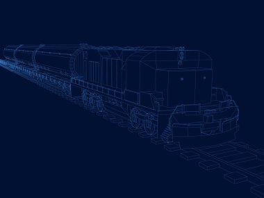 Trenin vagonları ile vektör anahat. Kontur tren vagonları karanlık bir arka plan üzerinde mavi çizgiler ile. İzometrik görünümü. 3D. vektör çizim
