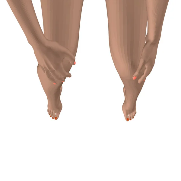 Διάνυσμα πόδια και τα χέρια σε αγκαλιά κορίτσι. Πολυγωνικό πόδια και τα χέρια του κοριτσιού που απομονώνονται σε λευκό φόντο. 3D κόκκινο και ροζ μανικιούρ και πεντικιούρ. Κάθεται το κορίτσι γυμνό. Θέα από ψηλά. Εικονογράφηση διάνυσμα — Διανυσματικό Αρχείο