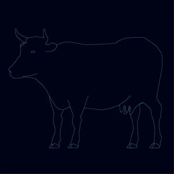 Contour of a cow of blue lines on a dark background. Side view. Vector illustration — Stock Vector